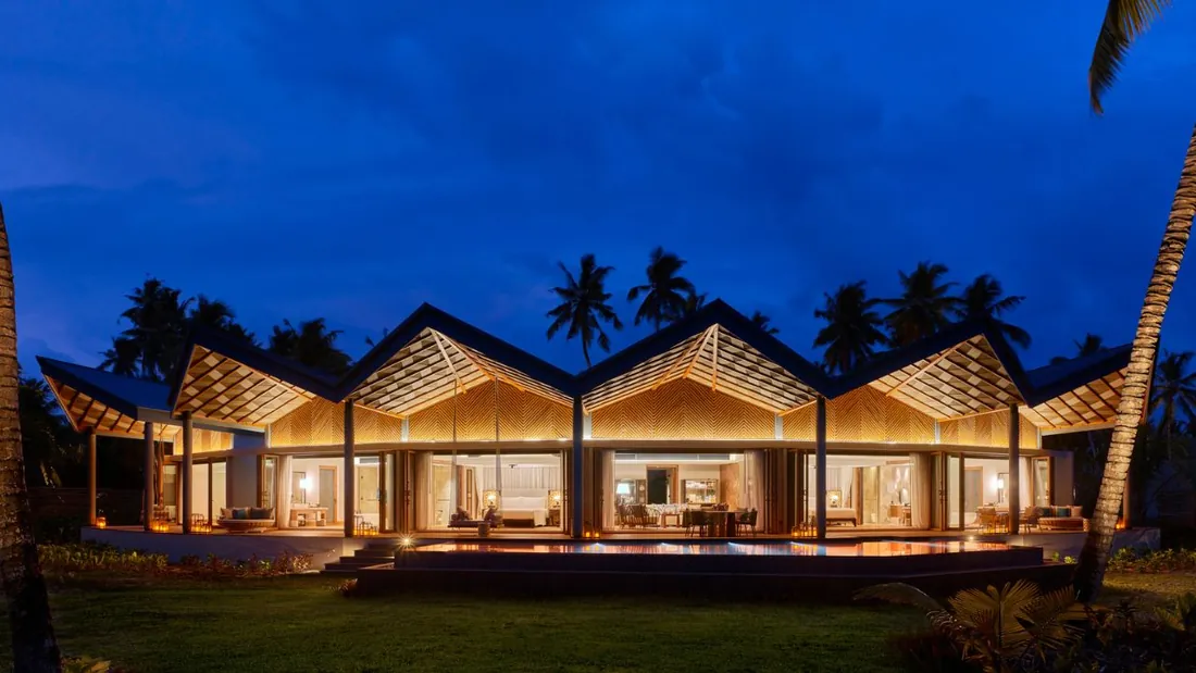 Villa pavilions at night, Waldorf Astoria Seychelles Platte Island